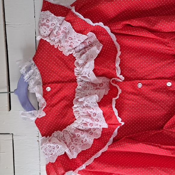 Vintage 80's Mini World Lace & Ruffle Red & White Polka Dot Dress SZ 7 - Picture 9 of 11